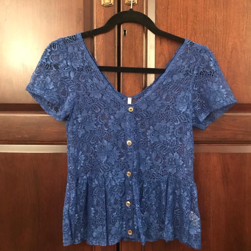 Sheer lace blue peplum top